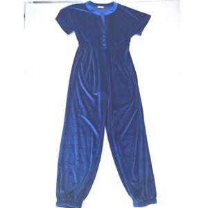 Pink Lily Royal Blue Velvet Short Sleeve Jogger Jumpsuit Small Split Neck Button